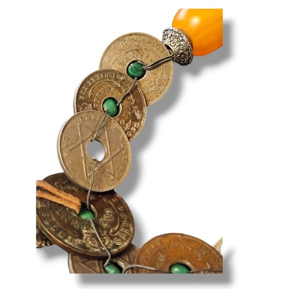 Vintage British West Africa Coins Bakelite Malachite Trade Bead Necklace - Picture 5 of 9